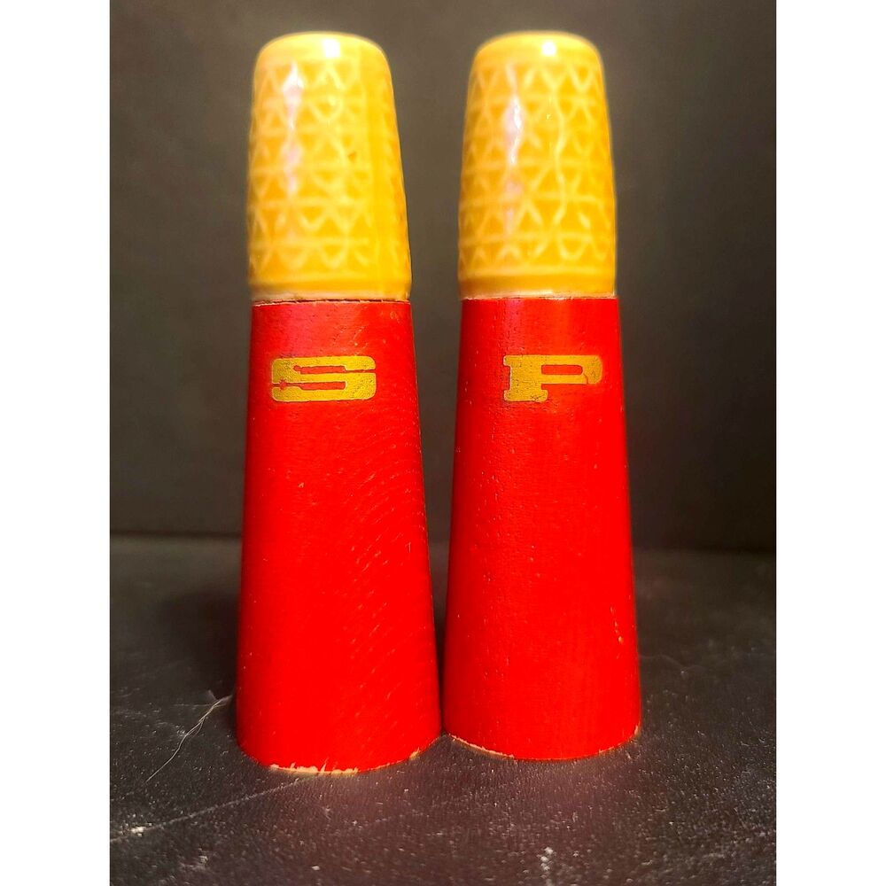 1960's Thimble Yellow Ceramic Top and Red Wood Salt and Pepper Shakers Set MCM